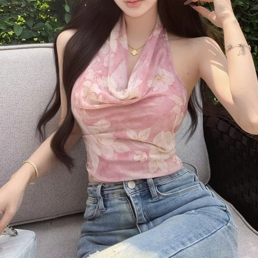 Halter Cowl Neck Floral Print Top