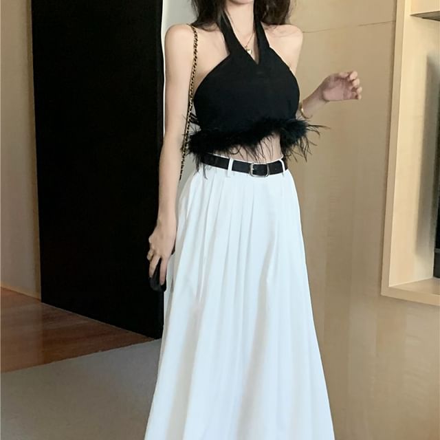 Halter Plain Feather Trim Crop Top / High Waist Plain Pleated Maxi A-Line Skirt