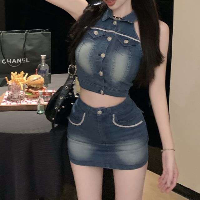 Collared Washed Crop Button Denim Vest / High Waist Mini Pencil Skirt