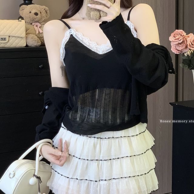 Set: V-Neck Lace Trim Knit Camisole Top + Round Neck Plain Cardigan