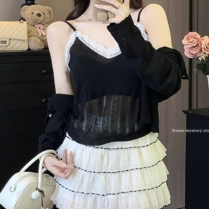 Set: V-Neck Lace Trim Knit Camisole Top + Round Neck Plain Cardigan