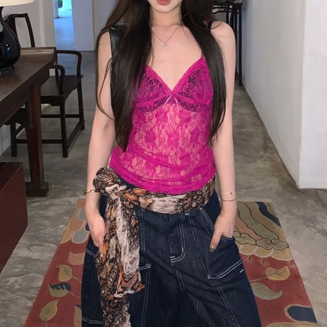 V-Neck Plain Bow Lace Camisole Top