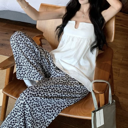 Notch Neck Plain Camisole Top / High Waist Floral Print Wide Leg Pants