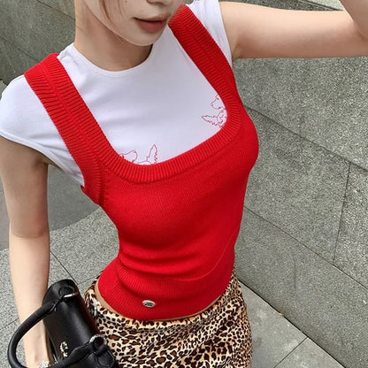 Cap Sleeve Round Neck Dog Print Tee / Square Neck Plain Knit Tank Top / Low Rise Leopard Print Mini Pencil Skirt