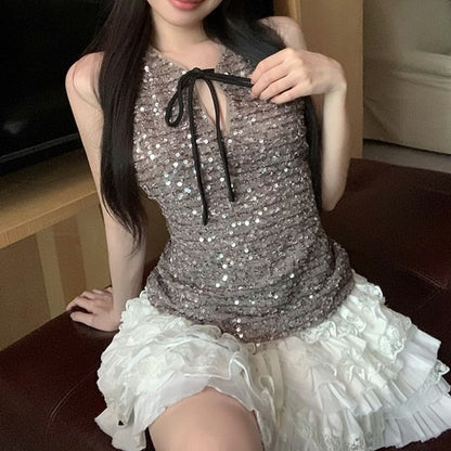 Sleeveless Tie Neck Sequin Top