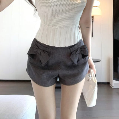 Plain Bow Knit Camisole Top / High Waist Plaid Shorts