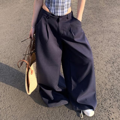 Plaid Frill Tube Bustier Top / Mid Rise Plain Wide Leg Suit Pants