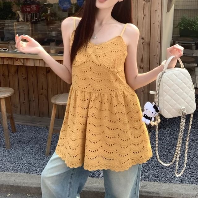 Spaghetti Strap Plain Embroidered Eyelet Mini A-Line Dress