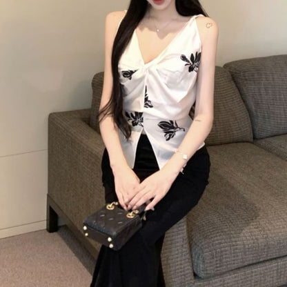 V-Neck Floral Print Slit Cami Top / High Rise Plain Maxi Pencil Skirt