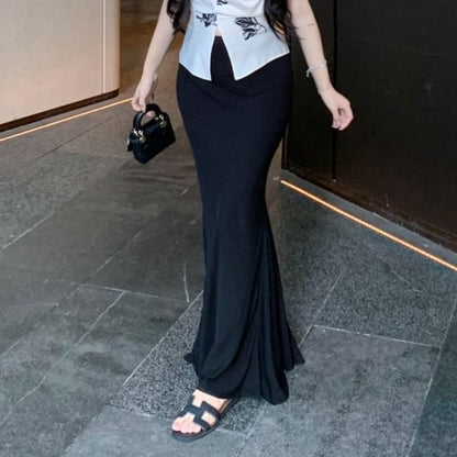 V-Neck Floral Print Slit Cami Top / High Rise Plain Maxi Pencil Skirt