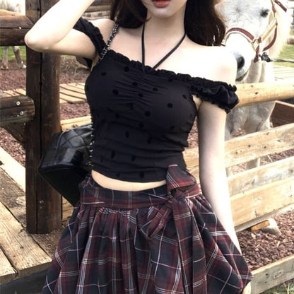 Dotted Frill Cami Top / High Rise Plaid Mini A-Line Balloon Skirt