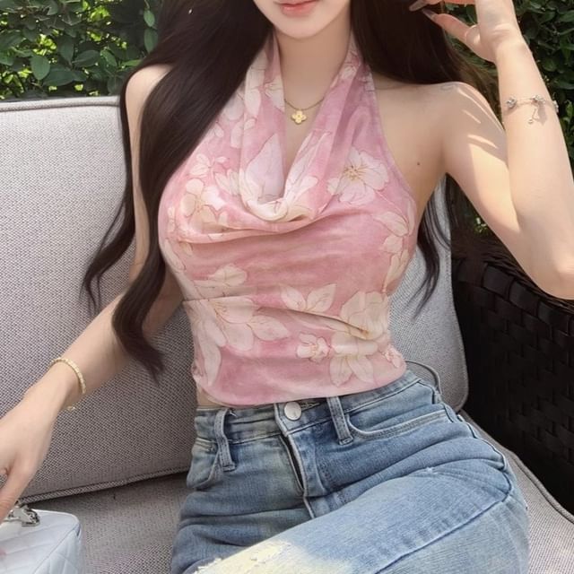 Halter Cowl Neck Floral Print Top