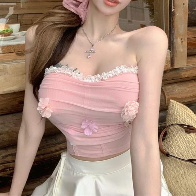 Floral Applique Ruched Lace Trim Panel Mesh Crop Tube Top