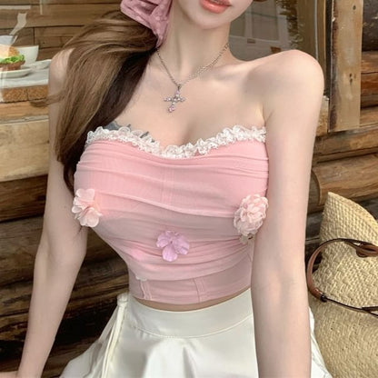 Floral Applique Ruched Lace Trim Panel Mesh Crop Tube Top