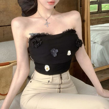 Floral Applique Ruched Lace Trim Panel Mesh Crop Tube Top