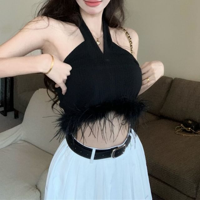 Halter Plain Feather Trim Crop Top / High Waist Plain Pleated Maxi A-Line Skirt