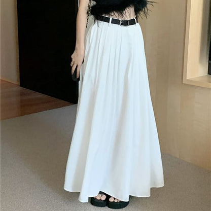 Halter Plain Feather Trim Crop Top / High Waist Plain Pleated Maxi A-Line Skirt