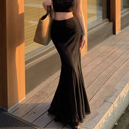 Sleeveless V-Neck Plain Panel Lace Crop Top / High Waist Maxi Fishtail Skirt