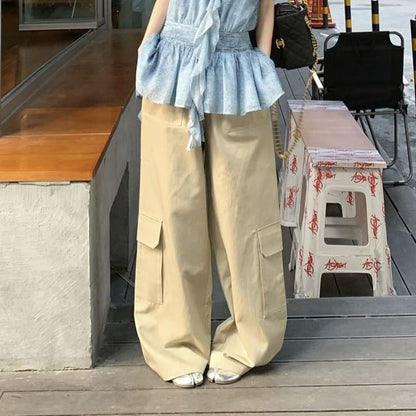 Halter Patterned Print Ruffle Top / High Waist Plain Wide Leg Cargo Pants