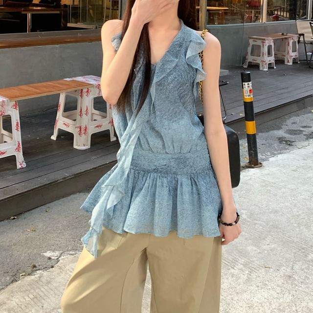 Halter Patterned Print Ruffle Top / High Waist Plain Wide Leg Cargo Pants