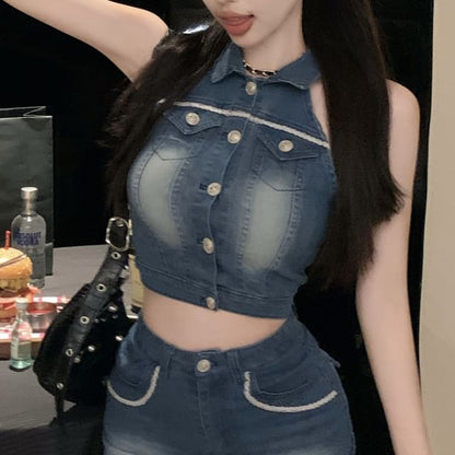Collared Washed Crop Button Denim Vest / High Waist Mini Pencil Skirt