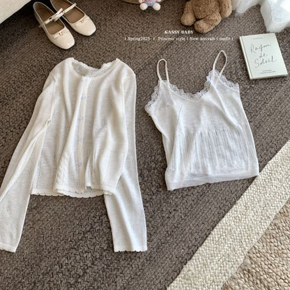 Set: V-Neck Lace Trim Knit Camisole Top + Round Neck Plain Cardigan