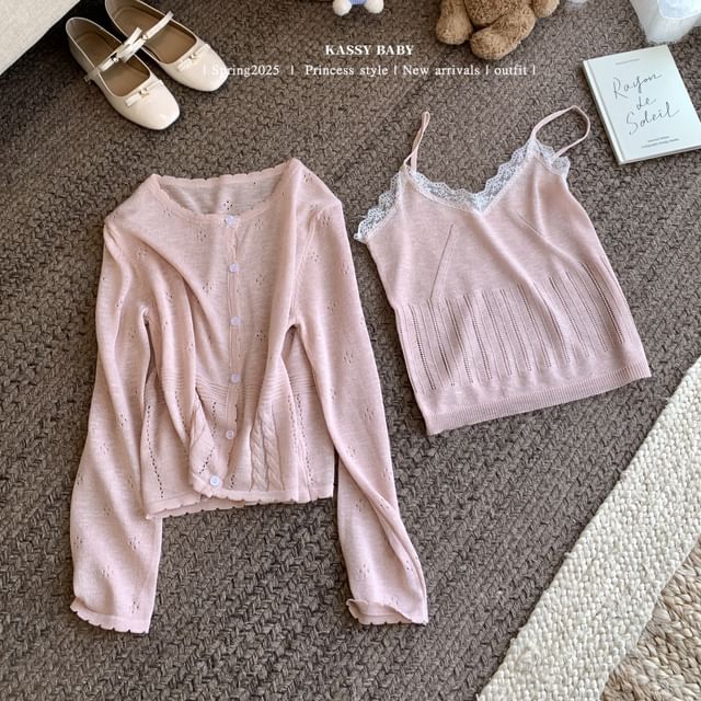 Set: V-Neck Lace Trim Knit Camisole Top + Round Neck Plain Cardigan