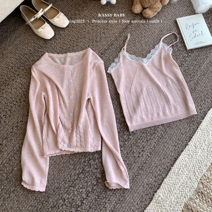 Set: V-Neck Lace Trim Knit Camisole Top + Round Neck Plain Cardigan
