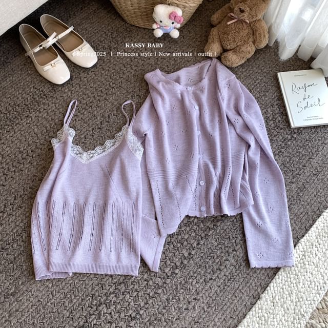 Set: V-Neck Lace Trim Knit Camisole Top + Round Neck Plain Cardigan