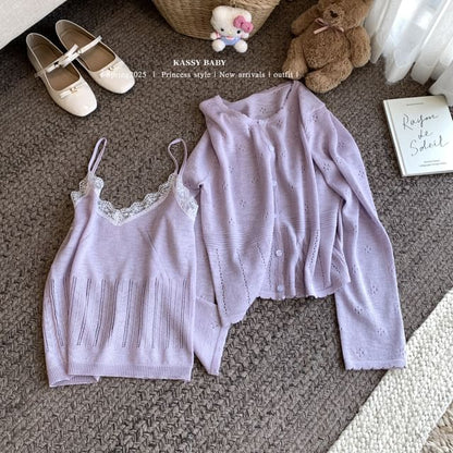 Set: V-Neck Lace Trim Knit Camisole Top + Round Neck Plain Cardigan