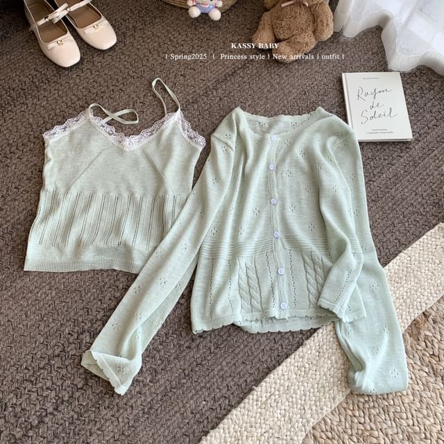 Set: V-Neck Lace Trim Knit Camisole Top + Round Neck Plain Cardigan