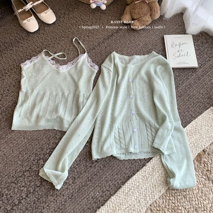 Set: V-Neck Lace Trim Knit Camisole Top + Round Neck Plain Cardigan