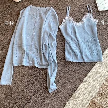 Set: V-Neck Lace Trim Knit Camisole Top + Round Neck Plain Cardigan