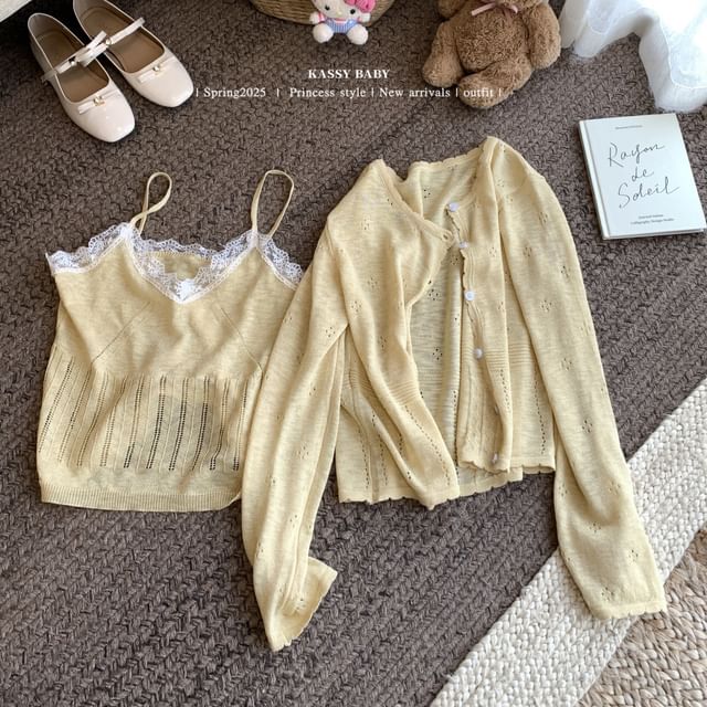 Set: V-Neck Lace Trim Knit Camisole Top + Round Neck Plain Cardigan