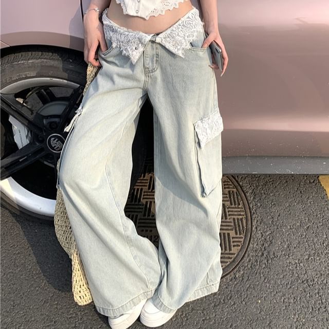 Plain Button Panel Lace Cami Top / Mid Waist Washed Panel Lace Wide Leg Cargo Jeans