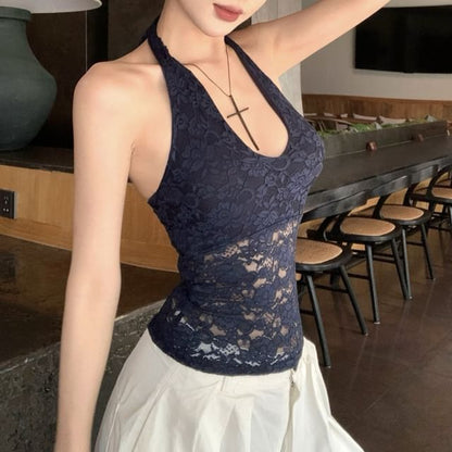 Halter Plain Lace Top / High Waist Plain Wide Leg Pants