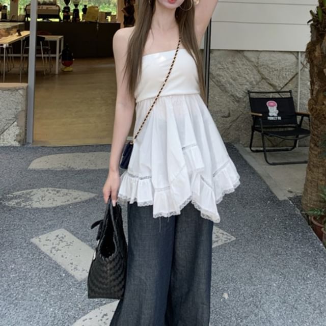 Plain Ruffle Lace Trim Tube Top