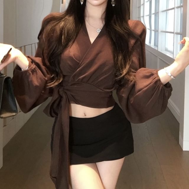 Long Sleeve V-Neck Plain Crop Wrap Blouse