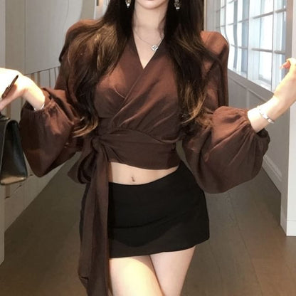 Long Sleeve V-Neck Plain Crop Wrap Blouse
