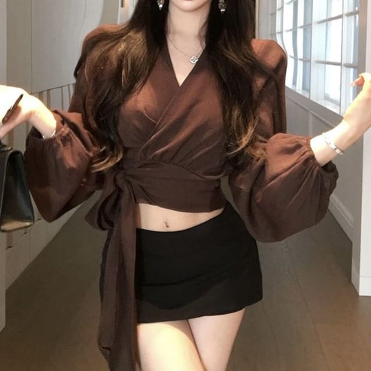 Long Sleeve V-Neck Plain Crop Wrap Blouse