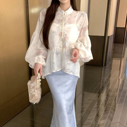 Long Sleeve Stand Collar Floral Print Peplum Blouse / Plain Camisole / High Waist Jacquard Maxi Fishtail Skirt / Set