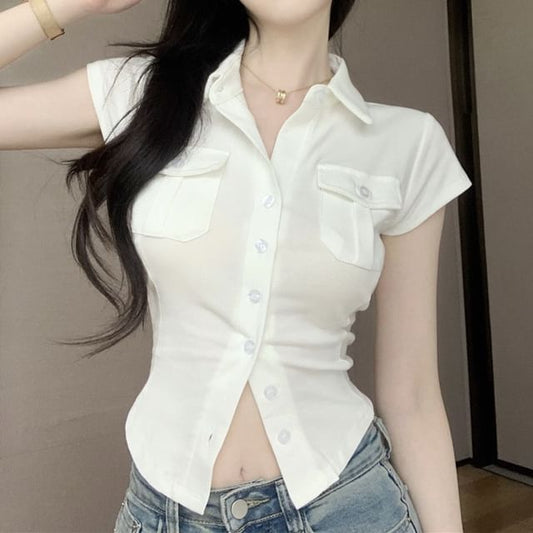 Cap Sleeve Collared Plain Flap Pocket Jersey Shirt