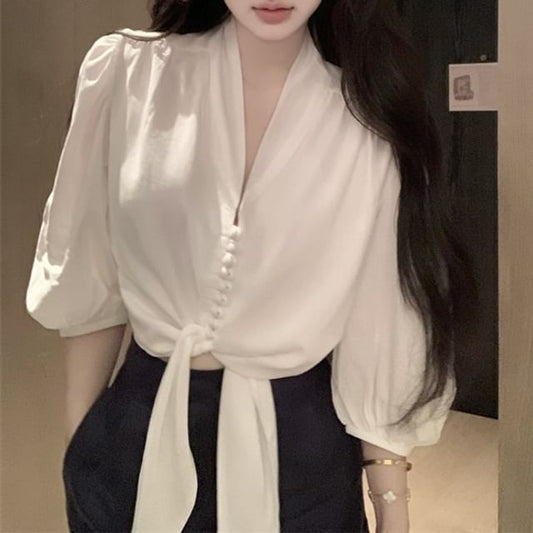 Elbow Sleeve V-Neck Plain Tie Front Blouse