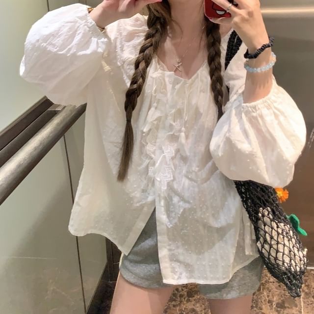 Long Sleeve Round Neck Plain Ruffle Blouse