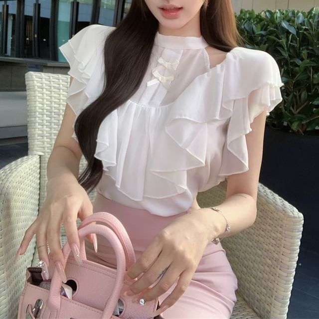 Cap Sleeve Mock Neck Plain Bow Ruffle Panel Blouse / High Rise Plain Maxi Fishtail Skirt