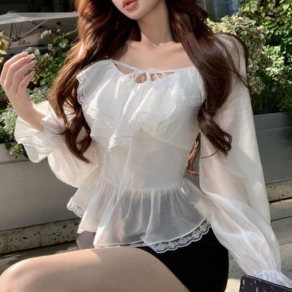 Long Sleeve V-Neck Plain Ruffle Tie Front Lace Trim Blouse / Mini Pencil Skirt