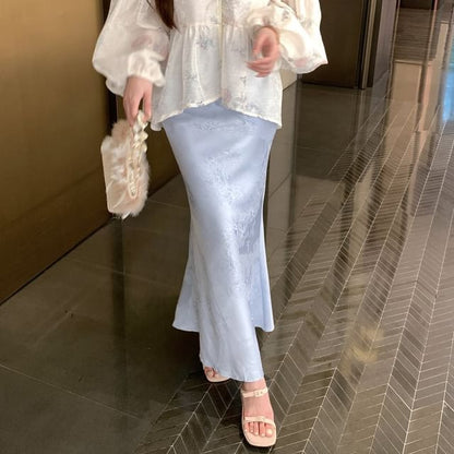 Long Sleeve Stand Collar Floral Print Peplum Blouse / Plain Camisole / High Waist Jacquard Maxi Fishtail Skirt / Set