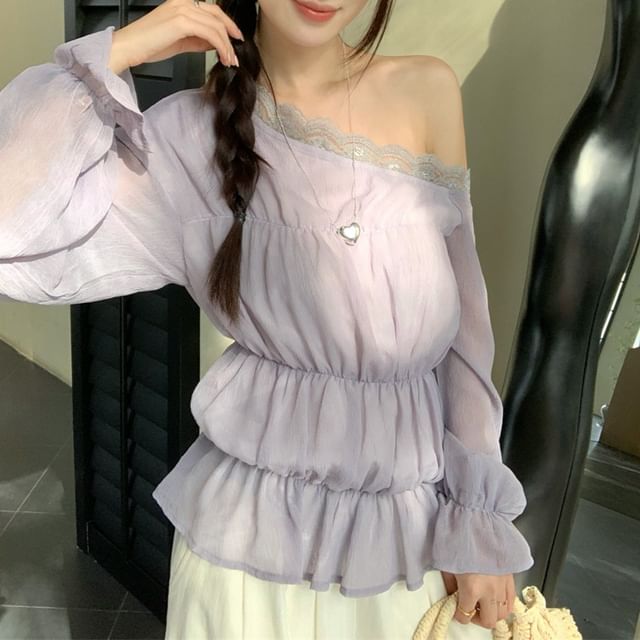 Long Sleeve One Shoulder Plain Panel Lace Trim Blouse