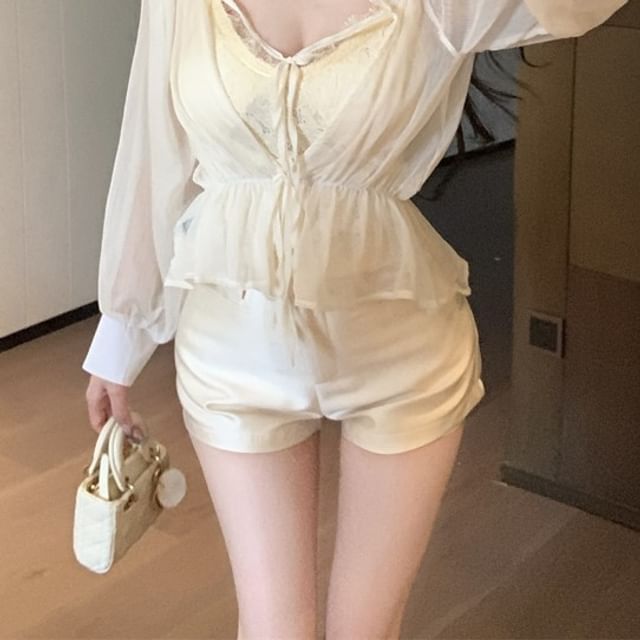 V-Neck Plain Lace Cami Top / Long Sleeve Off Shoulder Plain Tie Front Top / High Waist Plain Satin Shorts