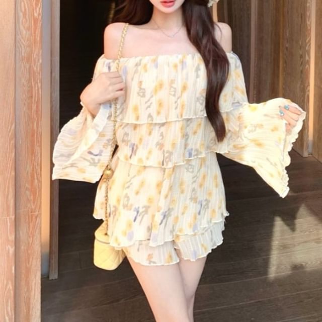 Long Sleeve Off Shoulder Floral Print Ruffle Blouse / High Waist Shorts